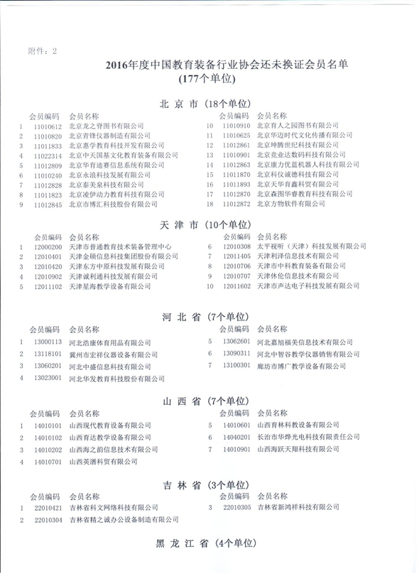 中国教育装备行业协会2016年度会员单位通告